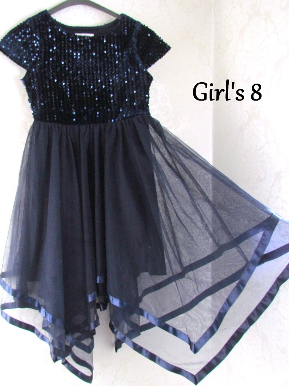 GIRL'S FANCY DRESS, 8, SEQUINED BODICE, NAVY BLUE w HANDKERCHIEF HEM; SPEECHLESS